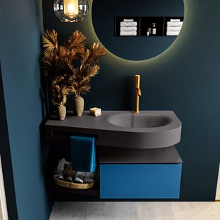 MONDIAZ RIVA 100cm badmeubel onderkast / planchet kleur Jeans met 1 lade. Wastafel DULCET rechts 1 kraangat kleur Dark_Grey.