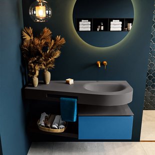 MONDIAZ RIVA 120cm badmeubel onderkast / planchet kleur Jeans met 1 lade. Wastafel DULCET rechts 0 kraangaten kleur Dark_Grey.