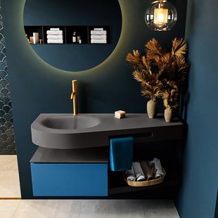 MONDIAZ RIVA 120cm badmeubel onderkast / planchet kleur Jeans met 1 lade. Wastafel DULCET links 1 kraangat kleur Dark_Grey.