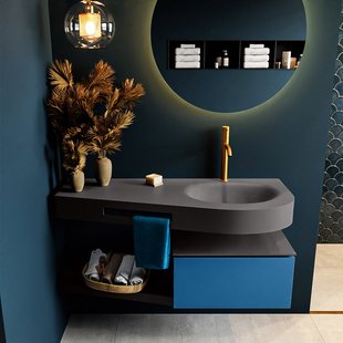 MONDIAZ RIVA 120cm badmeubel onderkast / planchet kleur Jeans met 1 lade. Wastafel DULCET rechts 1 kraangat kleur Dark_Grey.