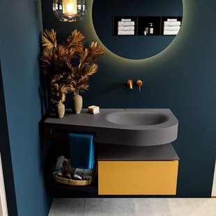 MONDIAZ RIVA 100cm badmeubel onderkast / planchet kleur Ocher met 1 lade. Wastafel DULCET rechts 0 kraangaten kleur Dark_Grey.