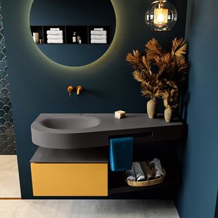 MONDIAZ RIVA 120cm badmeubel onderkast / planchet kleur Ocher met 1 lade. Wastafel DULCET links 0 kraangaten kleur Dark_Grey.