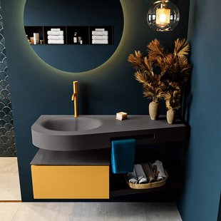 MONDIAZ RIVA 120cm badmeubel onderkast / planchet kleur Ocher met 1 lade. Wastafel DULCET links 1 kraangat kleur Dark_Grey.