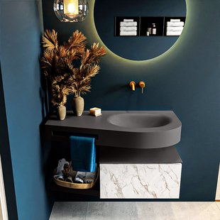 MONDIAZ RIVA 100cm badmeubel onderkast / planchet kleur carrara met 1 lade. Wastafel DULCET rechts 0 kraangaten kleur Dark_Grey.
