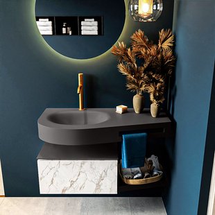 MONDIAZ RIVA 100cm badmeubel onderkast / planchet kleur carrara met 1 lade. Wastafel DULCET links 1 kraangat kleur Dark_Grey.