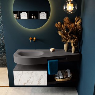 MONDIAZ RIVA 120cm badmeubel onderkast / planchet kleur carrara met 1 lade. Wastafel DULCET links 0 kraangaten kleur Dark_Grey.