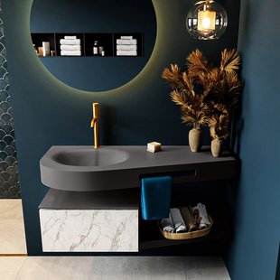 MONDIAZ RIVA 120cm badmeubel onderkast / planchet kleur carrara met 1 lade. Wastafel DULCET links 1 kraangat kleur Dark_Grey.