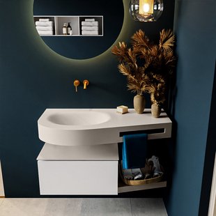 MONDIAZ RIVA 100cm badmeubel onderkast / planchet kleur Talc met 1 lade. Wastafel DULCET links 0 kraangaten kleur Linen.