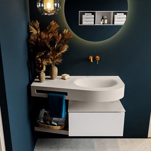 MONDIAZ RIVA 100cm badmeubel onderkast / planchet kleur Talc met 1 lade. Wastafel DULCET rechts 0 kraangaten kleur Linen.