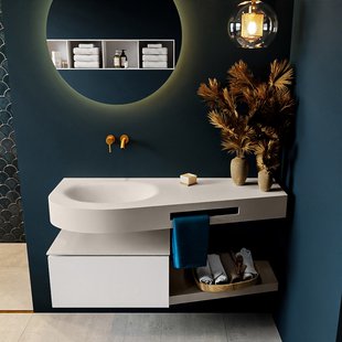 MONDIAZ RIVA 120cm badmeubel onderkast / planchet kleur Talc met 1 lade. Wastafel DULCET links 0 kraangaten kleur Linen.