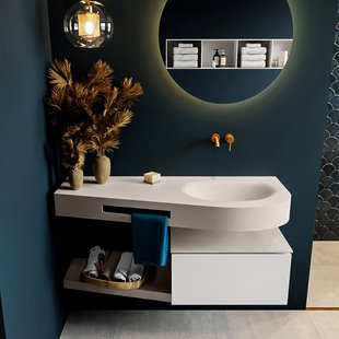 MONDIAZ RIVA 120cm badmeubel onderkast / planchet kleur Talc met 1 lade. Wastafel DULCET rechts 0 kraangaten kleur Linen.