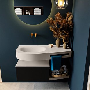 MONDIAZ RIVA 100cm badmeubel onderkast / planchet kleur Urban met 1 lade. Wastafel DULCET links 0 kraangaten kleur Linen.