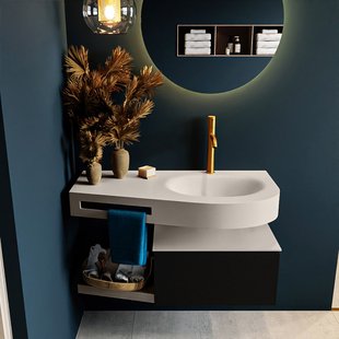 MONDIAZ RIVA 100cm badmeubel onderkast / planchet kleur Urban met 1 lade. Wastafel DULCET rechts 1 kraangat kleur Linen.