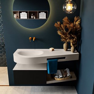 MONDIAZ RIVA 120cm badmeubel onderkast / planchet kleur Urban met 1 lade. Wastafel DULCET links 0 kraangaten kleur Linen.