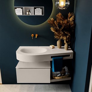 MONDIAZ RIVA 100cm badmeubel onderkast / planchet kleur Linen met 1 lade. Wastafel DULCET links 0 kraangaten kleur Linen.