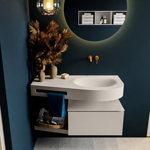 MONDIAZ RIVA 100cm badmeubel onderkast / planchet kleur Linen met 1 lade. Wastafel DULCET rechts 0 kraangaten kleur Linen.