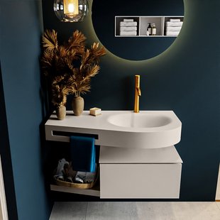 MONDIAZ RIVA 100cm badmeubel onderkast / planchet kleur Linen met 1 lade. Wastafel DULCET rechts 1 kraangat kleur Linen.