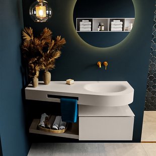 MONDIAZ RIVA 120cm badmeubel onderkast / planchet kleur Linen met 1 lade. Wastafel DULCET rechts 0 kraangaten kleur Linen.