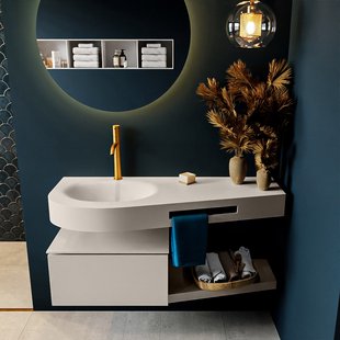 MONDIAZ RIVA 120cm badmeubel onderkast / planchet kleur Linen met 1 lade. Wastafel DULCET links 1 kraangat kleur Linen.