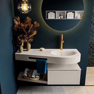 MONDIAZ RIVA 120cm badmeubel onderkast / planchet kleur Linen met 1 lade. Wastafel DULCET rechts 1 kraangat kleur Linen.