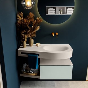 MONDIAZ RIVA 100cm badmeubel onderkast / planchet kleur Greey met 1 lade. Wastafel DULCET rechts 0 kraangaten kleur Linen.