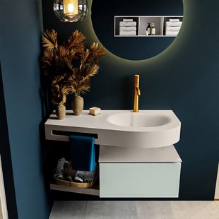 MONDIAZ RIVA 100cm badmeubel onderkast / planchet kleur Greey met 1 lade. Wastafel DULCET rechts 1 kraangat kleur Linen.