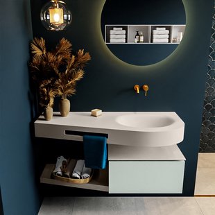 MONDIAZ RIVA 120cm badmeubel onderkast / planchet kleur Greey met 1 lade. Wastafel DULCET rechts 0 kraangaten kleur Linen.