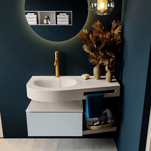 MONDIAZ RIVA 100cm badmeubel onderkast / planchet kleur Clay met 1 lade. Wastafel DULCET links 1 kraangat kleur Linen.