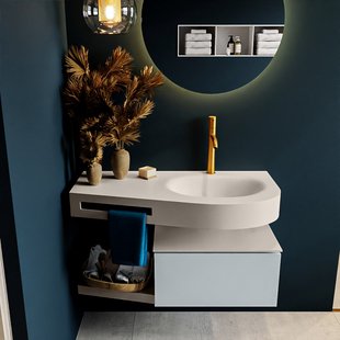 MONDIAZ RIVA 100cm badmeubel onderkast / planchet kleur Clay met 1 lade. Wastafel DULCET rechts 1 kraangat kleur Linen.