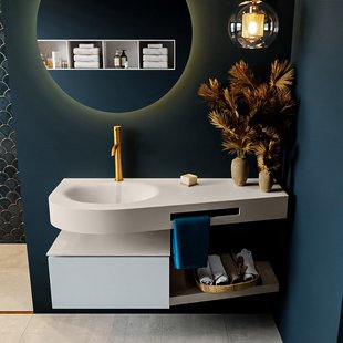 MONDIAZ RIVA 120cm badmeubel onderkast / planchet kleur Clay met 1 lade. Wastafel DULCET links 1 kraangat kleur Linen.