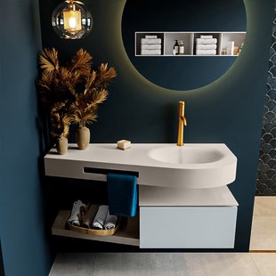 MONDIAZ RIVA 120cm badmeubel onderkast / planchet kleur Clay met 1 lade. Wastafel DULCET rechts 1 kraangat kleur Linen.