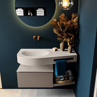 MONDIAZ RIVA 100cm badmeubel onderkast / planchet kleur Smoke met 1 lade. Wastafel DULCET links 0 kraangaten kleur Linen.