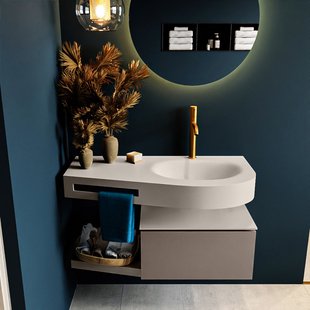 MONDIAZ RIVA 100cm badmeubel onderkast / planchet kleur Smoke met 1 lade. Wastafel DULCET rechts 1 kraangat kleur Linen.