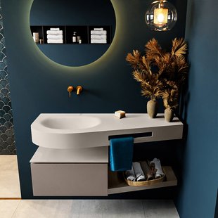 MONDIAZ RIVA 120cm badmeubel onderkast / planchet kleur Smoke met 1 lade. Wastafel DULCET links 0 kraangaten kleur Linen.