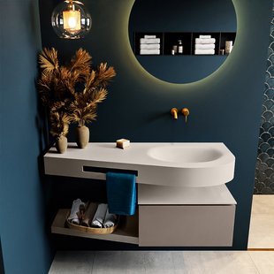 MONDIAZ RIVA 120cm badmeubel onderkast / planchet kleur Smoke met 1 lade. Wastafel DULCET rechts 0 kraangaten kleur Linen.