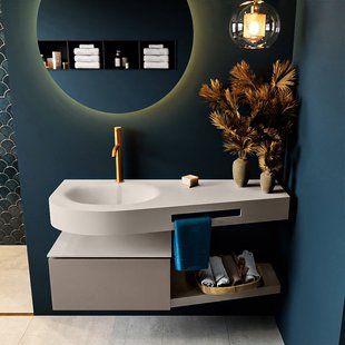 MONDIAZ RIVA 120cm badmeubel onderkast / planchet kleur Smoke met 1 lade. Wastafel DULCET links 1 kraangat kleur Linen.