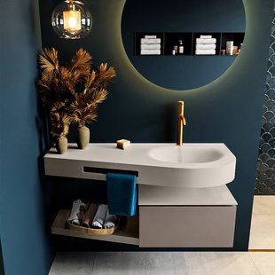 MONDIAZ RIVA 120cm badmeubel onderkast / planchet kleur Smoke met 1 lade. Wastafel DULCET rechts 1 kraangat kleur Linen.