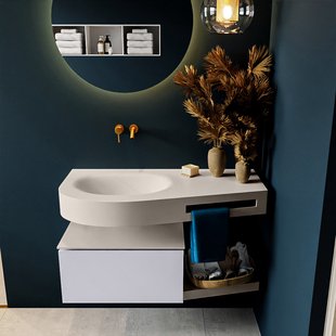 MONDIAZ RIVA 100cm badmeubel onderkast / planchet kleur Cale met 1 lade. Wastafel DULCET links 0 kraangaten kleur Linen.