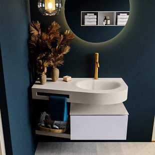 MONDIAZ RIVA 100cm badmeubel onderkast / planchet kleur Cale met 1 lade. Wastafel DULCET rechts 1 kraangat kleur Linen.