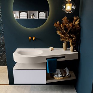 MONDIAZ RIVA 120cm badmeubel onderkast / planchet kleur Cale met 1 lade. Wastafel DULCET links 0 kraangaten kleur Linen.