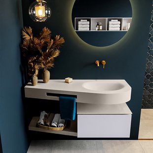 MONDIAZ RIVA 120cm badmeubel onderkast / planchet kleur Cale met 1 lade. Wastafel DULCET rechts 0 kraangaten kleur Linen.