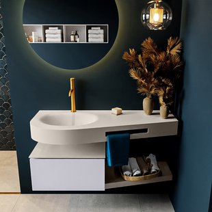 MONDIAZ RIVA 120cm badmeubel onderkast / planchet kleur Cale met 1 lade. Wastafel DULCET links 1 kraangat kleur Linen.