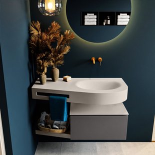 MONDIAZ RIVA 100cm badmeubel onderkast / planchet kleur Dark_Grey met 1 lade. Wastafel DULCET rechts 0 kraangaten kleur Linen.
