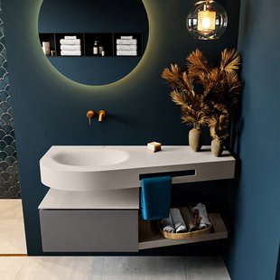 MONDIAZ RIVA 120cm badmeubel onderkast / planchet kleur Dark_Grey met 1 lade. Wastafel DULCET links 0 kraangaten kleur Linen.