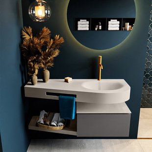 MONDIAZ RIVA 120cm badmeubel onderkast / planchet kleur Dark_Grey met 1 lade. Wastafel DULCET rechts 1 kraangat kleur Linen.