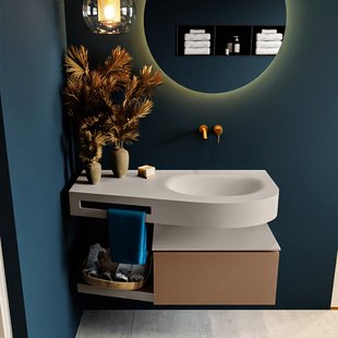 MONDIAZ RIVA 100cm badmeubel onderkast / planchet kleur Rust met 1 lade. Wastafel DULCET rechts 0 kraangaten kleur Linen.