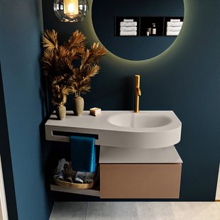 MONDIAZ RIVA 100cm badmeubel onderkast / planchet kleur Rust met 1 lade. Wastafel DULCET rechts 1 kraangat kleur Linen.