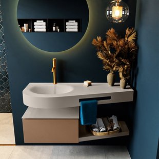 MONDIAZ RIVA 120cm badmeubel onderkast / planchet kleur Rust met 1 lade. Wastafel DULCET links 1 kraangat kleur Linen.