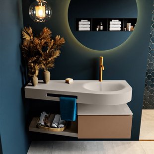 MONDIAZ RIVA 120cm badmeubel onderkast / planchet kleur Rust met 1 lade. Wastafel DULCET rechts 1 kraangat kleur Linen.