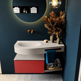 MONDIAZ RIVA 100cm badmeubel onderkast / planchet kleur Fire met 1 lade. Wastafel DULCET links 0 kraangaten kleur Linen.